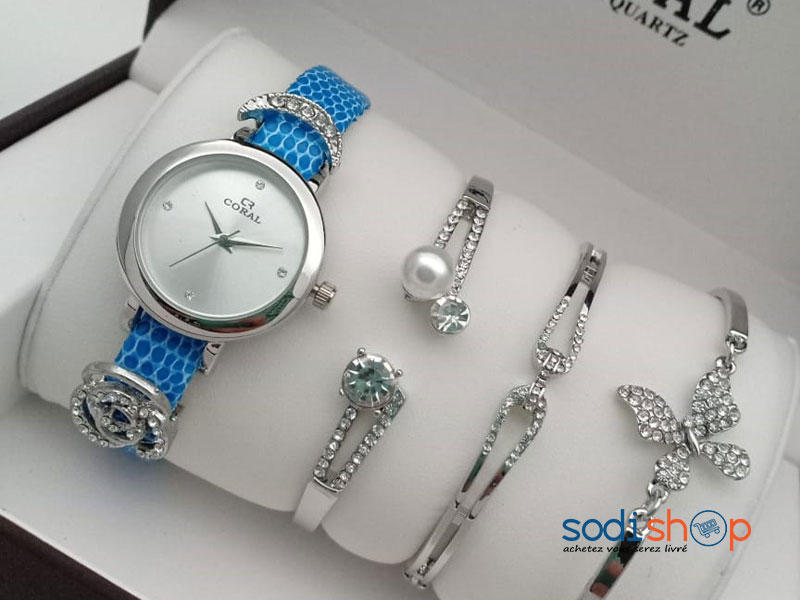 Montre Coral à Quartz Swiss avec Bracelets Perlés Style Moderne - Couleur Bleu Argent Pour Femme SODI00