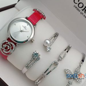 Montre Coral Quartz Swiss + Bracelets Perlés Pour Femme Style Epuré - Couleur Rouge Argent SODI00