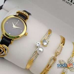 Montre Originale Coral + Bracelets Perlés Pour Femme Style Epuré - Couleur Noir Or SODI00
