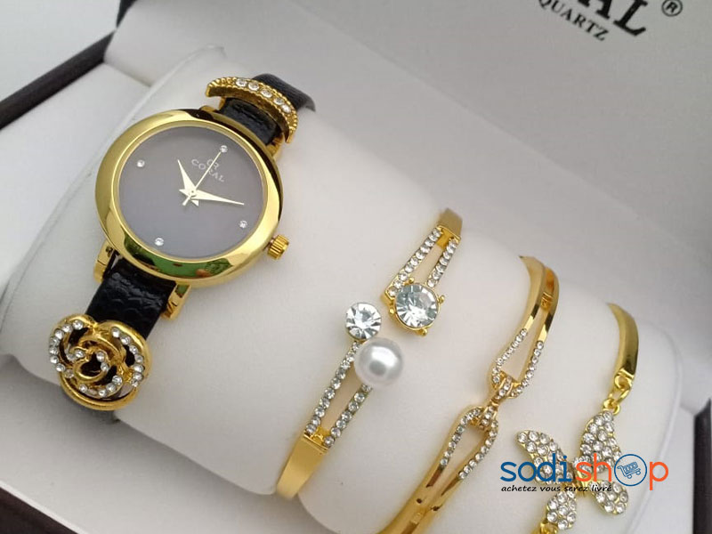 Montre Originale Coral + Bracelets Perlés Pour Femme Style Epuré - Couleur Noir Or SODI00