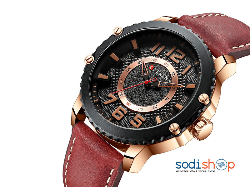 Montre Curren Bracelet en Cuir Pour Homme Couleur Rouge Bordeau M8341 Sodi00