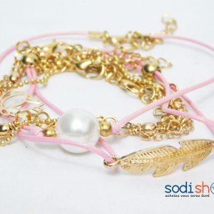 Bracelets Perlés en Acier Inoxydable - Ensemble Pour Femme Couleur Rose et Or ZM0090