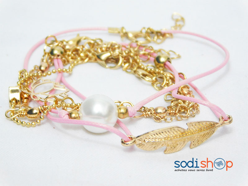 Bracelets Perlés en Acier Inoxydable - Ensemble Pour Femme Couleur Rose et Or ZM0090