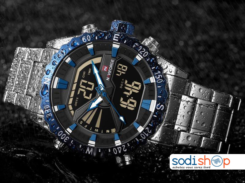 Montre de Luxe Naviforce 9136 Haute Qualité Cadran à Double Fonction Analogique et Numérique - Couleur Argent-Bleu Pour Homme SODI00