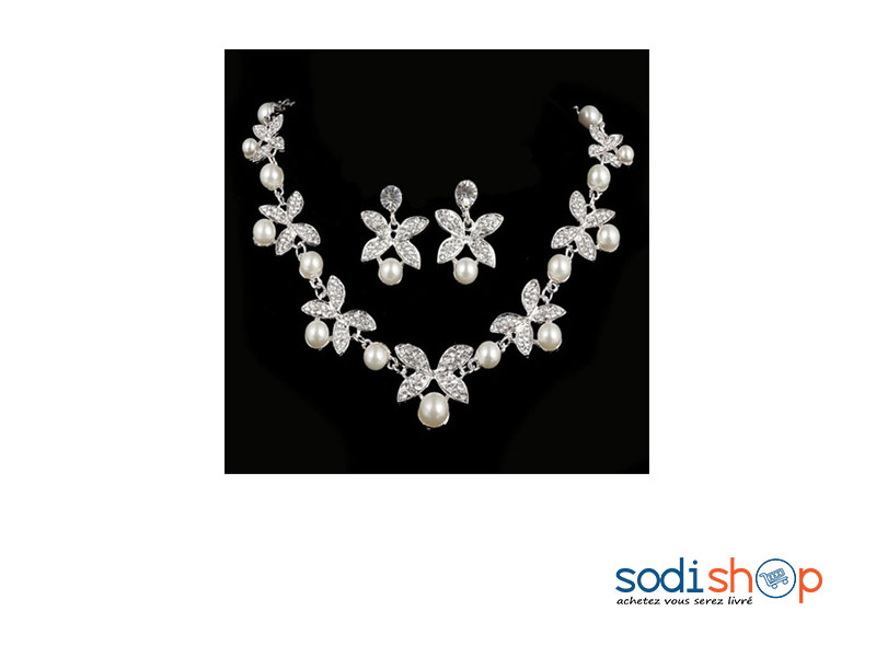 Bijoux de Mariage Collier plus Boucle d’Oreille en Perle et Cristal EB0001