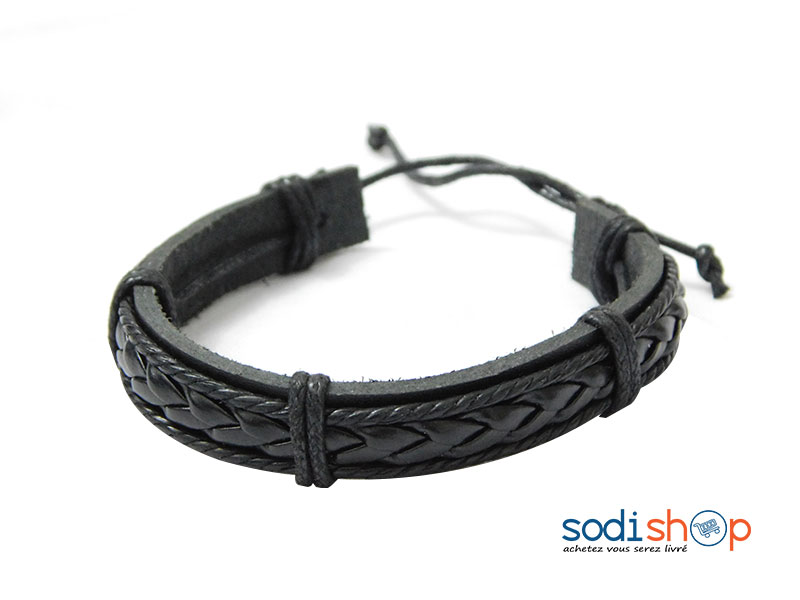 Bracelet Tressé en Cuir Synthétique Noire Pour Homme et Femme Sodi00