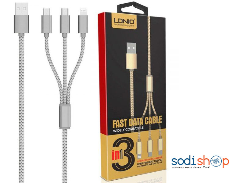 Câble USB LDNIO 3en1 LC85 - Chargeur iPhone Samsung Haute Qualité SODI00