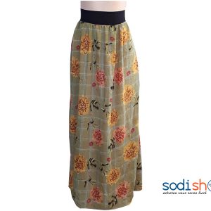 Jupe Longue Fluide à Taille Elastiqué en Mousseline de Soie Imprimé à Fleur MM0097