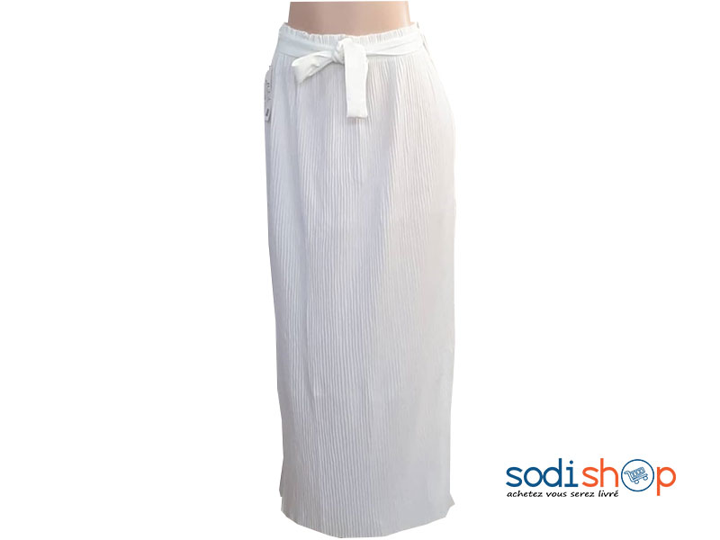 Jupe Plissé Longue à Taille Elastiqué avec Ceinture Assortie Couleur Blanche MM0097