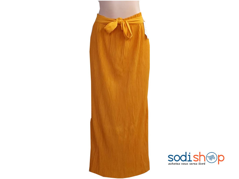 Jupe Plissé Longue à Taille Elastiqué avec Ceinture Assortie Couleur Jaune MM0097