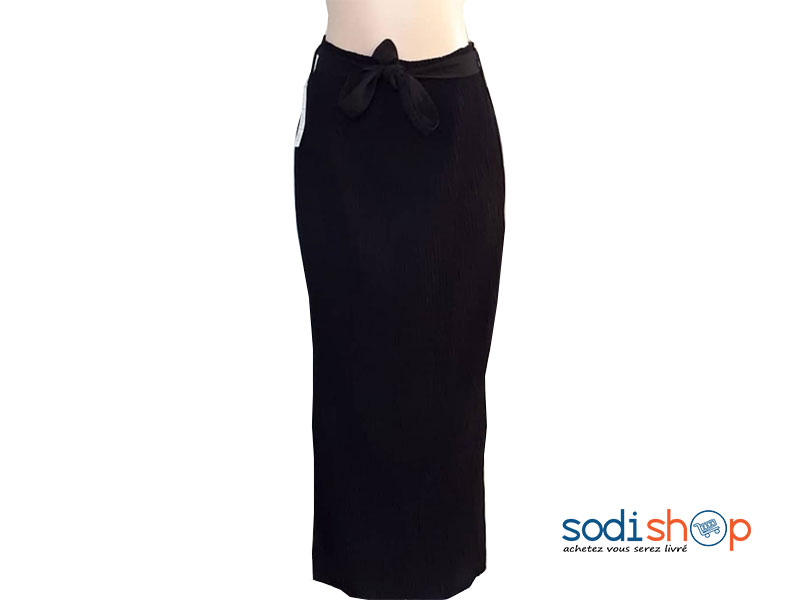 Jupe Plissé Longue à Taille Elastiqué avec Ceinture Assortie Couleur Noire MM0097