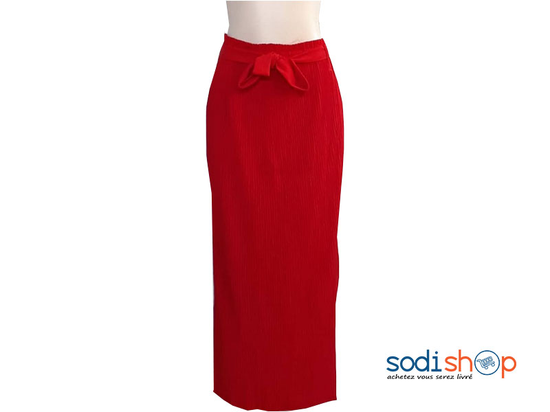 Jupe Plissé Longue à Taille Elastiqué avec Ceinture Assortie Couleur Rouge MM0097