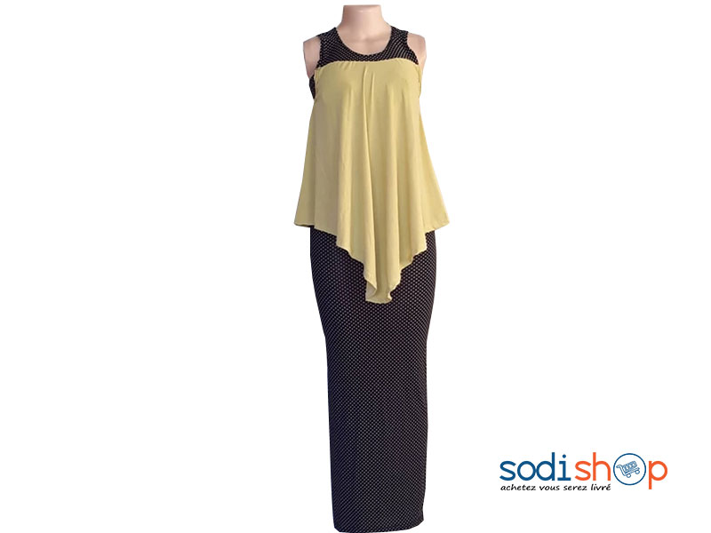 Robe Moulante avec Gilet Imprimer à Pois Couleur Noire-Jaune MM0097