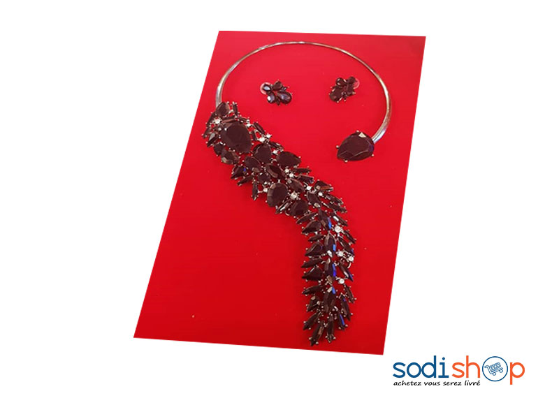 Collier avec Boucles d’Oreilles Pour Femme Design Spécial - Couleur Bordeaux EB001