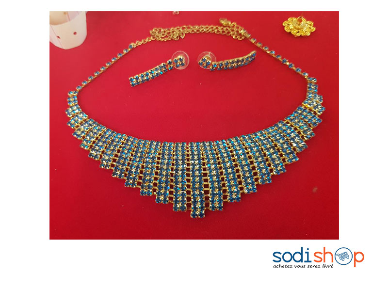 Collier avec Boucles d’Oreilles Accessoires Pour Femme - Couleur Bleu-Or EB001