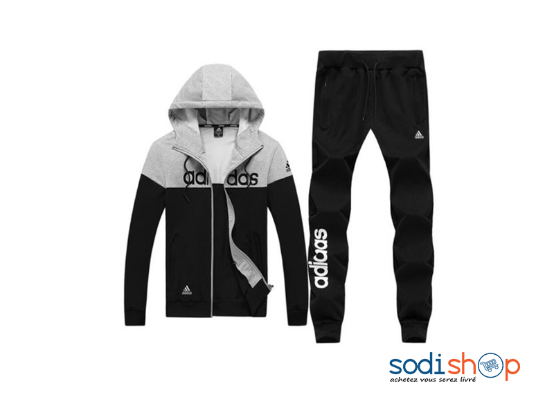 Ensemble Adidas Sweat à Capuche + Pantalon Jogging - Couleur Noir Gris WA0021