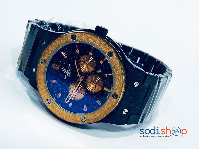 Montre à Quartz Hublot Pour Homme Bracelet en Cuir - Couleur Bleu et Or DIA00169 – Image 3