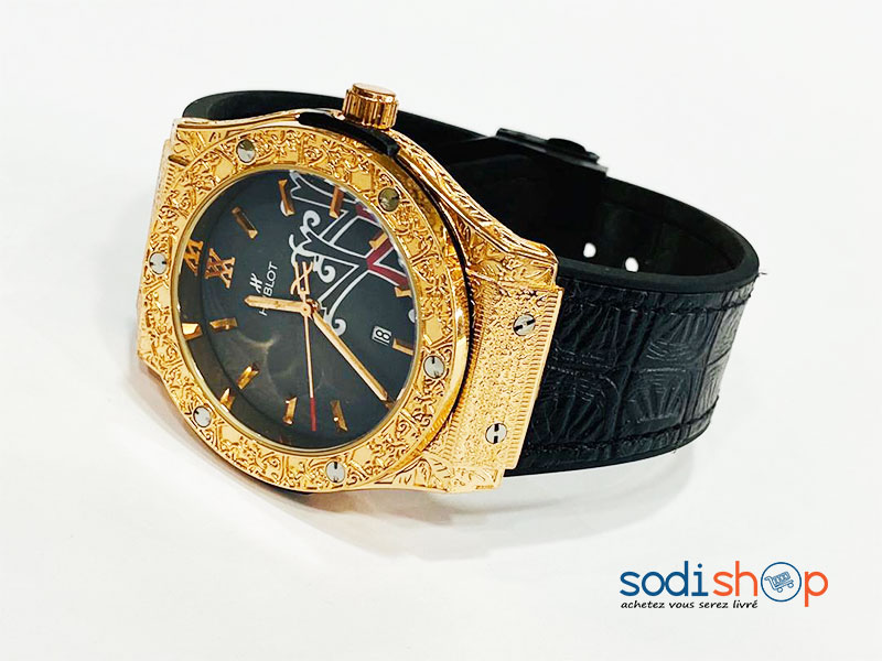 Montre à Quartz Hublot Pour Homme Bracelet en Simili Cuir - Couleur Noir Or DL00106