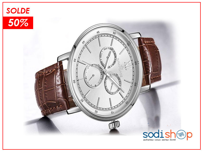 Naviforce NF3002 Montre à Cadran Analogique Indicateur de Date Bracelet en Cuir Original SODI00