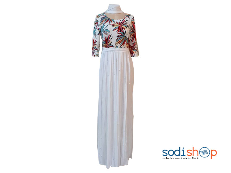 Robe Cintré à Imprimé Florale Manche ¾ Couleur Blanche