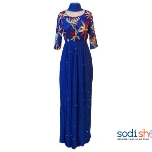 Robe Cintré à Imprimé Florale Manche ¾ Couleur Bleue