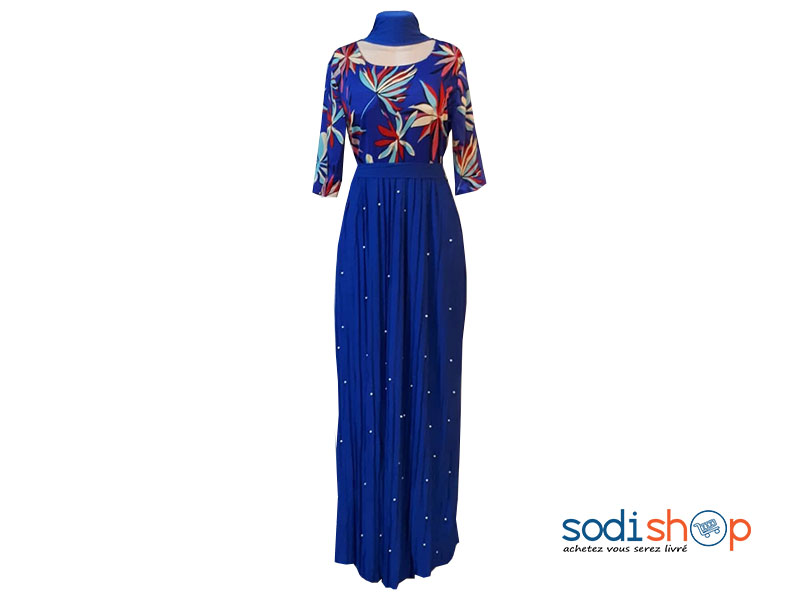 Robe Cintré à Imprimé Florale Manche ¾ Couleur Bleue