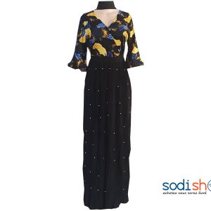 Robe Longue Double Tons Manches Longues Couleur Noire Jaune