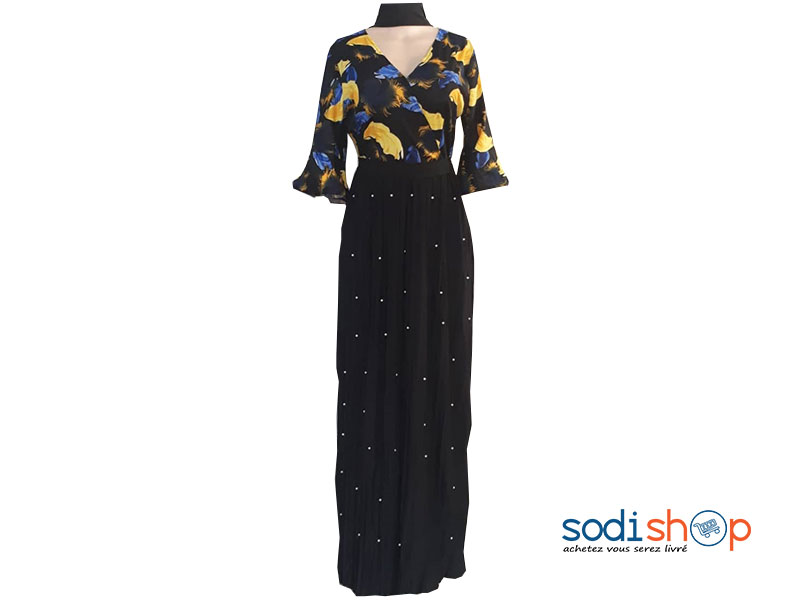 Robe Longue Double Tons Manches Longues Couleur Noire Jaune