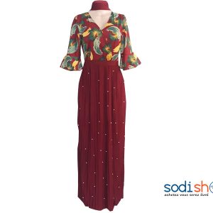 Robe Longue Double Tons Manches Longues Couleur Rouge Bordeau