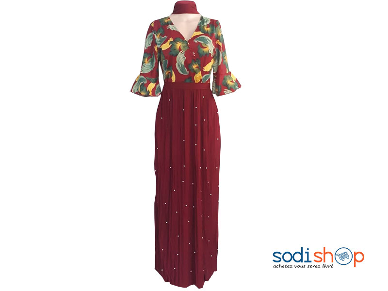Robe Longue Double Tons Manches Longues Couleur Rouge Bordeau