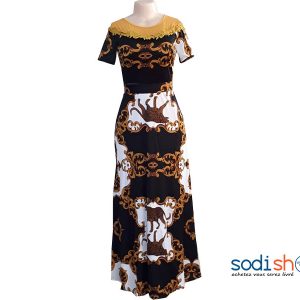 Robe Longue Imprimé Couleur Noire et Doré Manche Courte