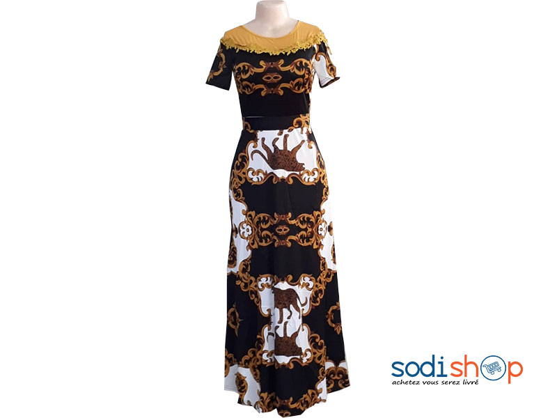 Robe Longue Imprimé Couleur Noire et Doré Manche Courte