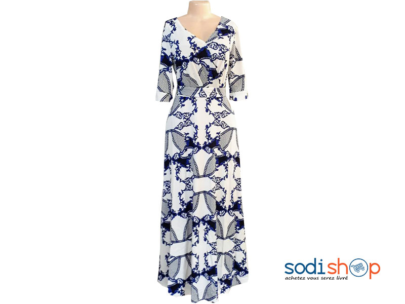 Robe Longue Imprimé Manche ¾ en Tissu Elasthanne