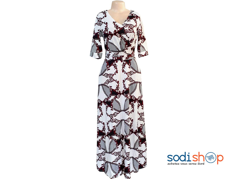 Robe Longue Imprimé Manche ¾ en Tissu Elasthanne