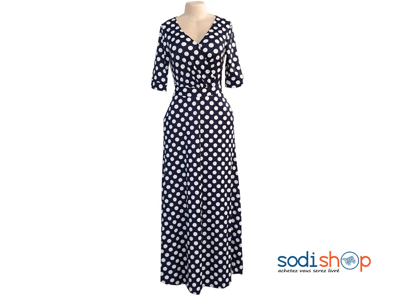 Robe Longue Imprimé à pois Manche ¾ Couleur Noire et Blanche