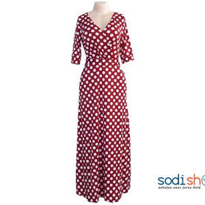 Robe Longue Imprimé à pois Manche ¾ Couleur Rouge et Blanche