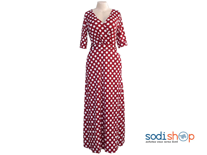Robe Longue Imprimé à pois Manche ¾ Couleur Rouge et Blanche