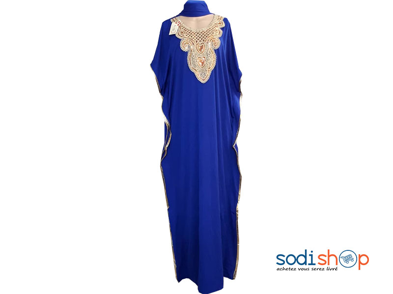 Robe Marocaine Ample Cou Brodé Couleur Bleue