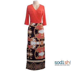 Robe imprimé Double Tons Manche Trois Quart Couleur Orange