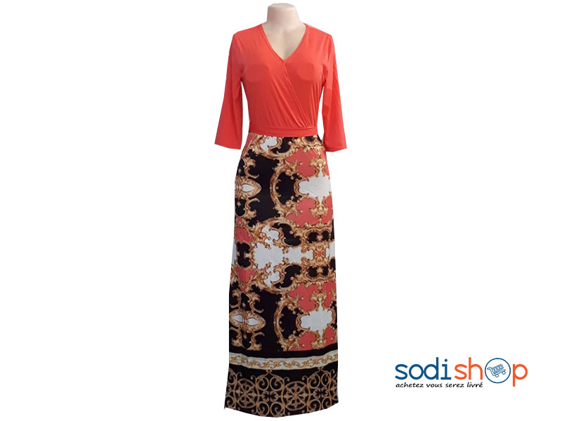 Robe imprimé Double Tons Manche Trois Quart Couleur Orange