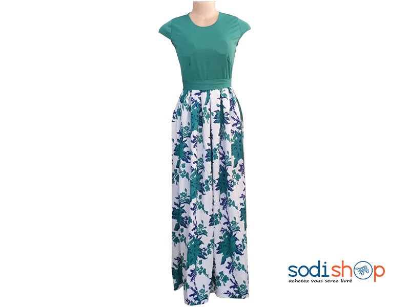 Robe à Imprimé Florale Manche Courte Couleur Vert Turquoise