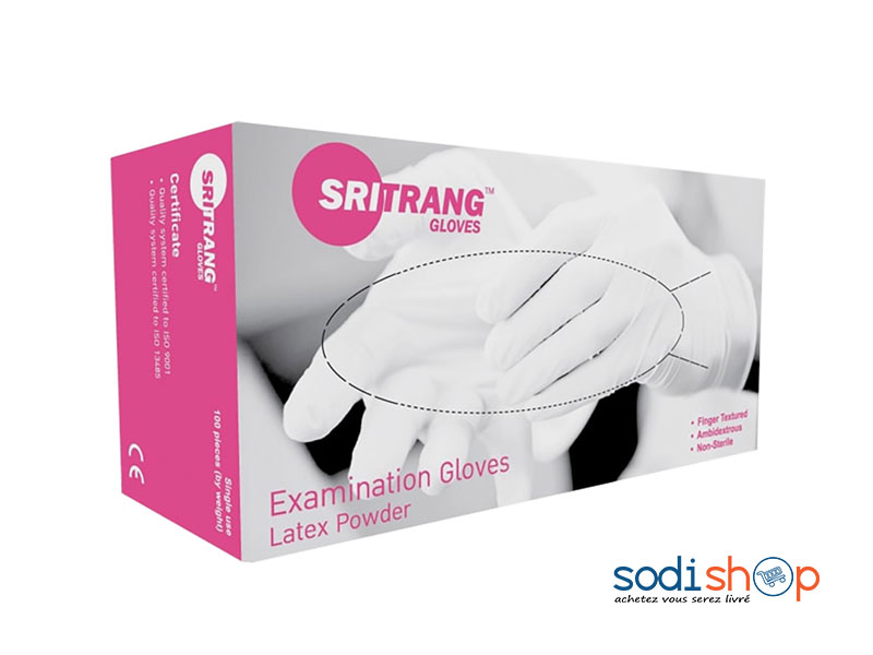 Gants d’Examen en Latex Poudrés SRITRANG Gloves - ISO 9001 Haute Qualité Boite de 100Pièces MK00101