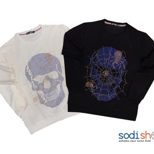 Pull-Over Imprimé Tête de Squelette Araigné Coton et Polyester Manche Longue BJ00100