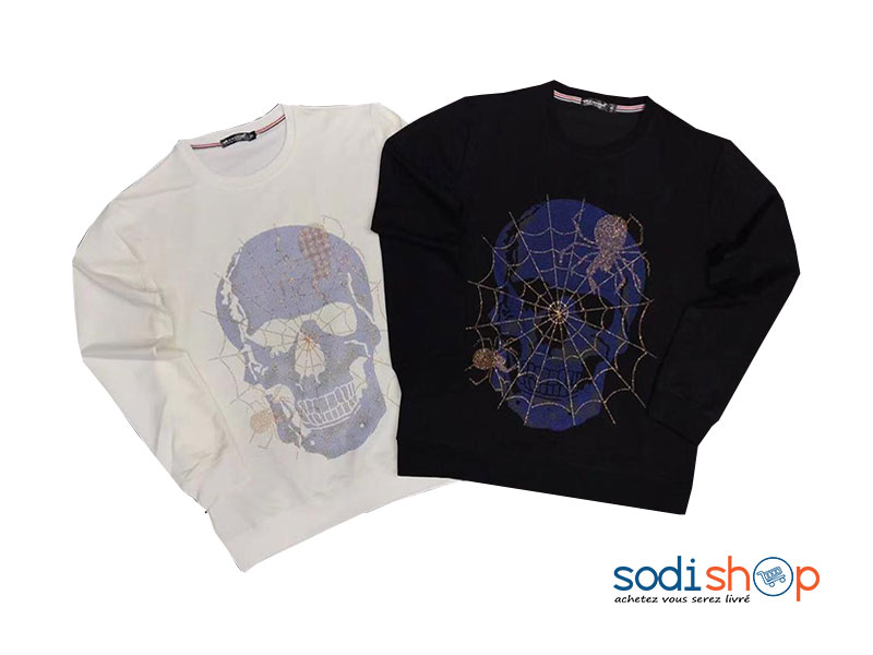 Pull-Over Imprimé Tête de Squelette Araigné Coton et Polyester Manche Longue BJ00100