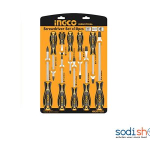 Jeu de Tournevis INGCO - 10 Pièces Types Plat (Français) et Cruciforme (Américain) HKSD1028