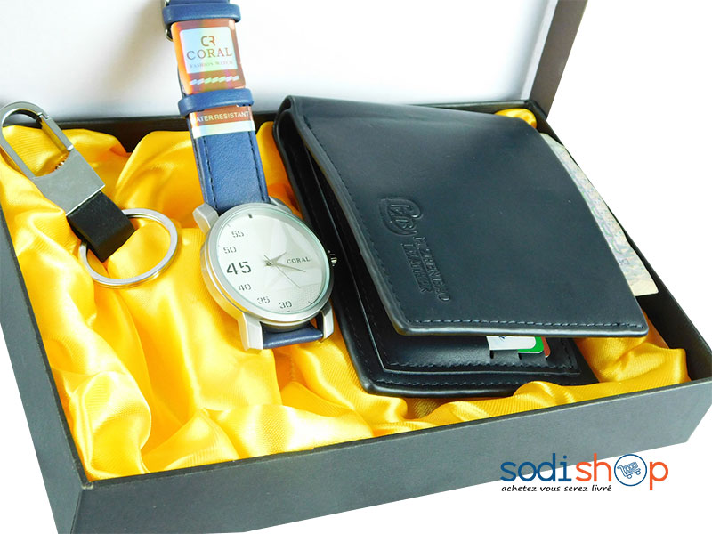 Mini Coffret 3en1 - Montre Coral avec Porte-Monnaie et Porte-Clés Couleur Noir Bleu SODI00 – Image 3