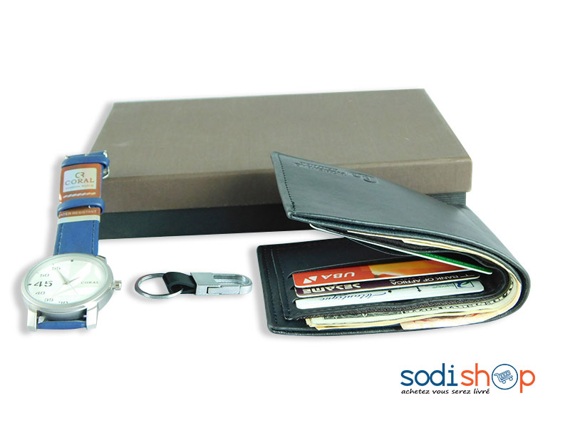 Mini Coffret 3en1 - Montre Coral avec Porte-Monnaie et Porte-Clés Couleur Noir Bleu SODI00 – Image 2