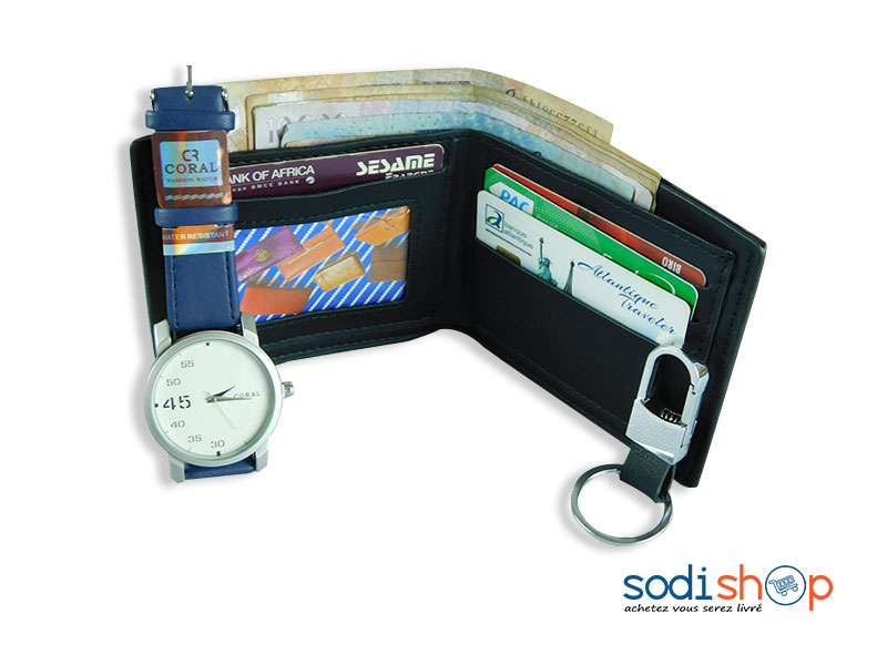 Mini Coffret 3en1 - Montre Coral avec Porte-Monnaie et Porte-Clés Couleur Noir Bleu SODI00 – Image 8