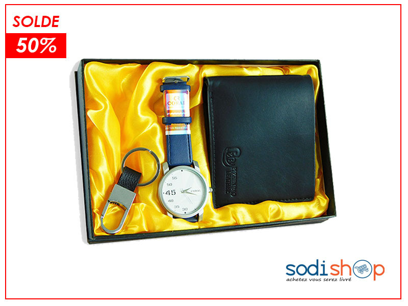 Mini Coffret 3en1 - Montre Coral avec Porte-Monnaie et Porte-Clés Couleur Noir Bleu SODI00