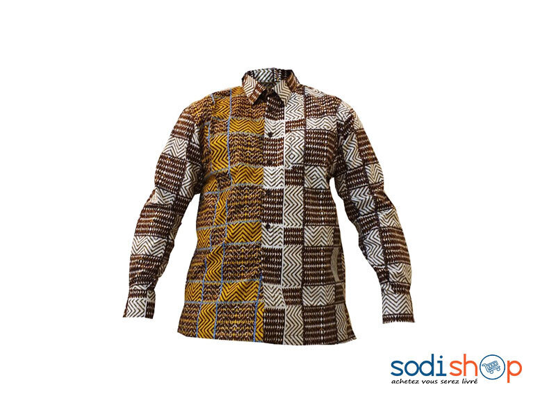 Chemise Pour Homme - Manche Longue Marron-Blanc MJ0021